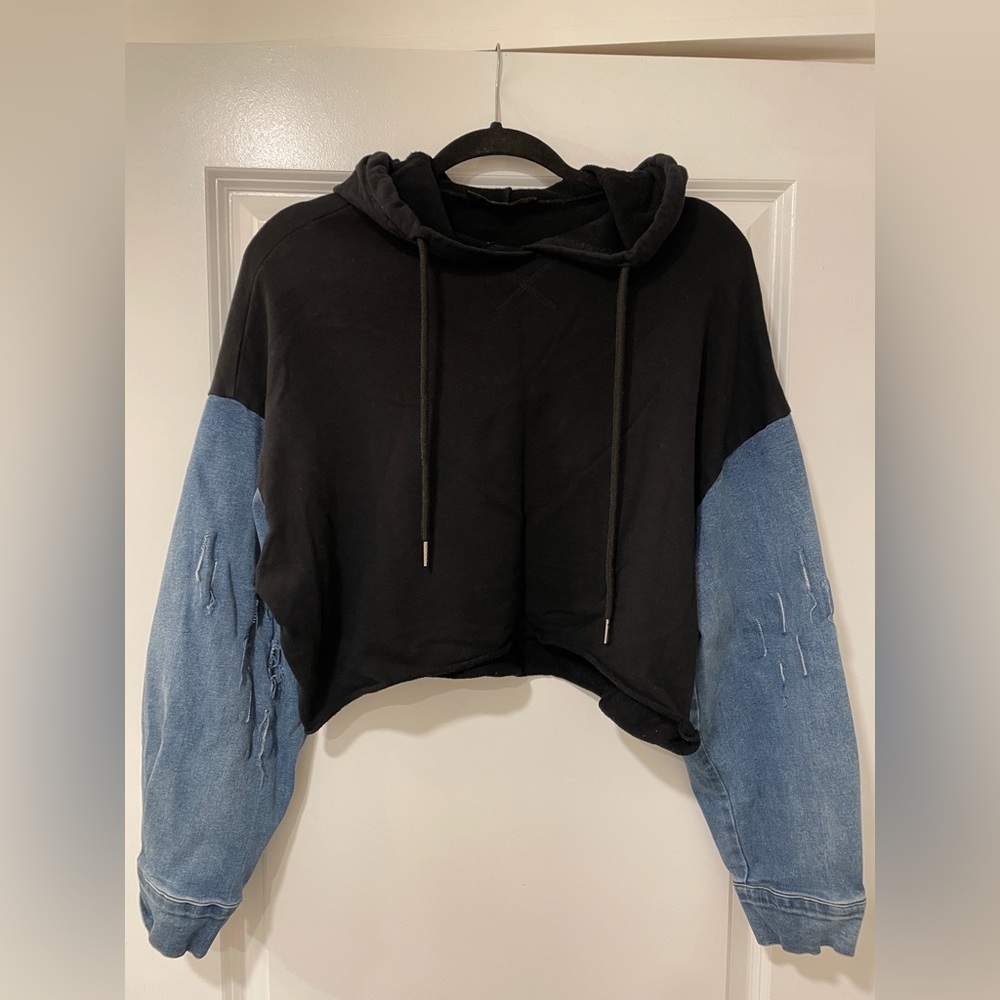 Distressed Denim Cropped Hooded Sweatshirt